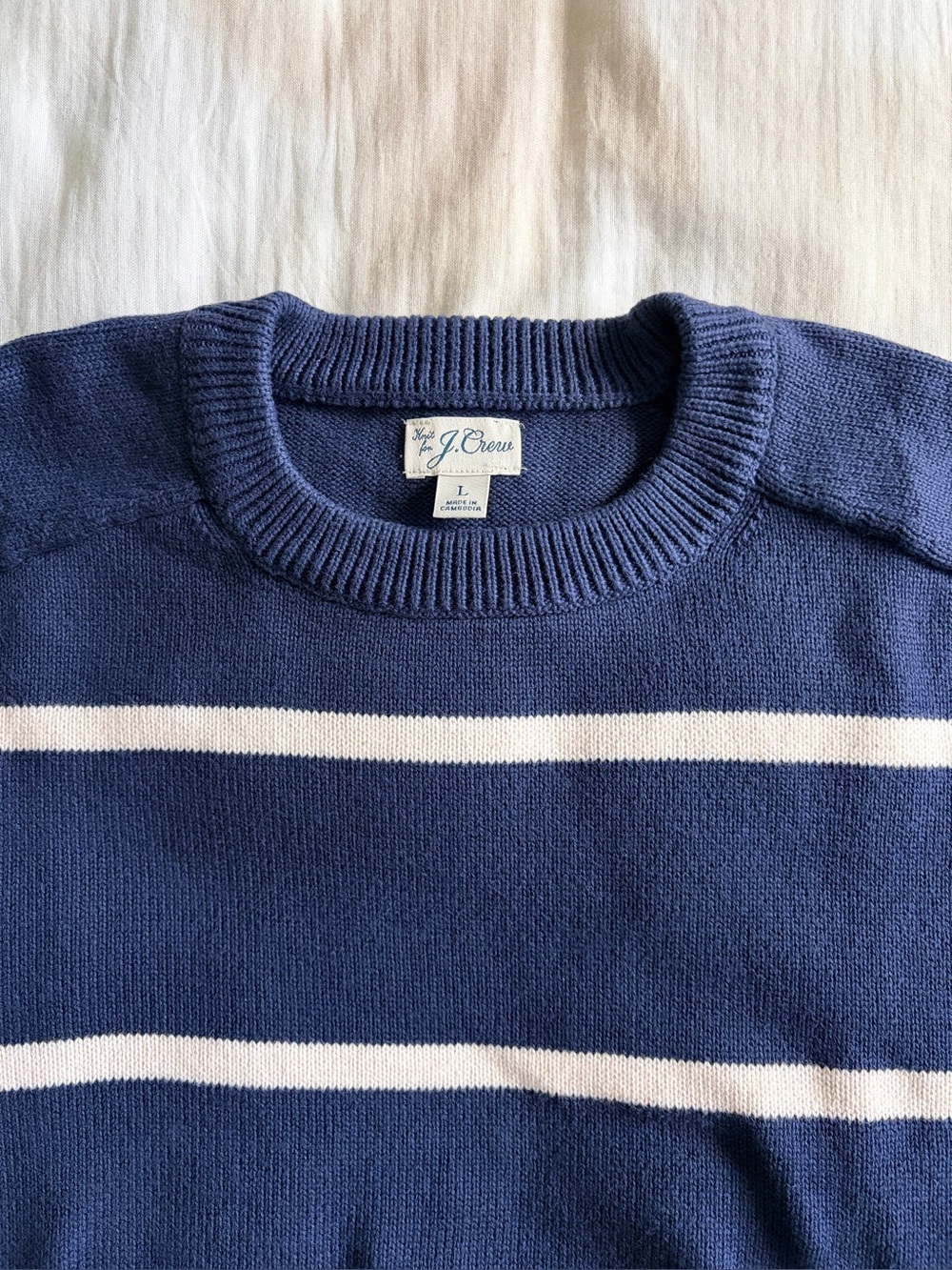 J Crew Large Navy with White  Stripes Crewneck Sweater